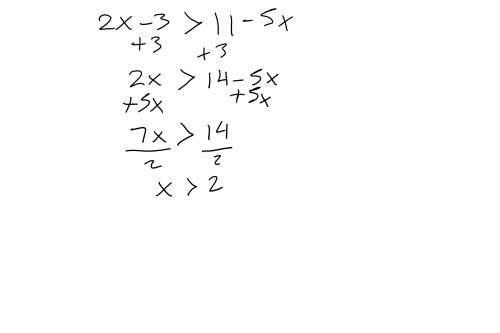 What value of x is in the solution set of 2x – 3 > 11 – 5x?

Please help me!!! Fricking math is s