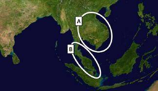 The areas labeled by A and B on the map above are the . A. Philippine Peninsula and the Vietnam Peni