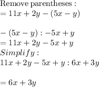 \mathrm{Remove\:parentheses}:\\=11x+2y-\left(5x-y\right)\\\\-(5x-y): -5x+y\\=11x+2y-5x+y\\Simplify:\\11x+2y-5x+y: 6x+3y\\\\=6x+3y