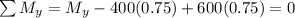 \sum M_y  = M_y  - 400 (0.75 ) + 600 ( 0.75 ) = 0