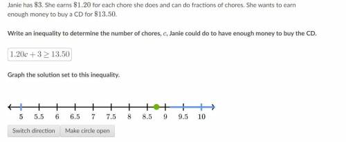 Janie has \$3$3dollar sign, 3. She earns \$1.20$1.20dollar sign, 1, point, 20 for each chore she doe