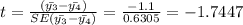 t= \frac{(\bar{y_3} - \bar{y_4})}{SE(\bar{y_3} - \bar{y_4})}= \frac{-1.1}{0.6305}= -1.7447
