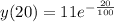 y(20) =  11e^{-\frac{20 }{100} }