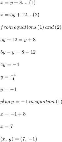 x = y + 8.....(1) \\  \\ x = 5y + 12....(2) \\  \\ from \: equations \: (1) \: and \: (2) \\  \\ 5y + 12 = y + 8 \\  \\ 5y - y = 8 - 12 \\  \\ 4y =  - 4 \\  \\ y =  \frac{ - 4}{4}  \\  \\ y =  - 1 \\  \\ plug \: y =  - 1 \: in \: equation \: (1) \\  \\ x =  - 1 + 8 \\  \\ x = 7 \\  \\ (x, \: y) = (7, \:  - 1)