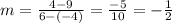 m=\frac{4-9}{6-(-4)}=\frac{-5}{10}=-\frac{1}{2}