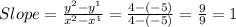 Slope=\frac{y^{2}-y^{1}  }{x^{2}-x^{1}  }=\frac{4-(-5)}{4-(-5)}=\frac{9}{9}=1