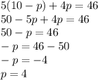 5(10-p)+4p=46\\50-5p+4p=46\\50-p = 46\\-p=46-50\\-p=-4\\p=4