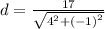 d=\frac{17}{\sqrt{4^2+\left(-1\right)^2}}