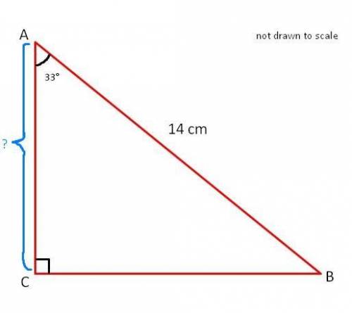 Given: ABC is a right triangle with right angle C. AB= 14 centimeters and mA = 33°

What is AC?
Ente