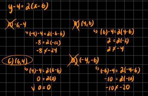Which of these points lies on the line described by the equation below?

y-4=-2(x-6)A. (-6, -4)B. (4