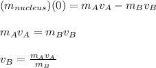 (m_{nucleus})(0) = m_{A}v_{A} - m_{B}v_{B}\\\\m_{A}v_{A} = m_{B}v_{B}\\\\v_{B} = \frac{m_{A}v_{A}}{m_{B}}