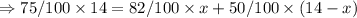 \Rightarrow 75/100 \times 14 = 82/100 \times x + 50/100 \times (14-x)