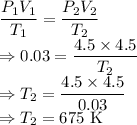 \dfrac{P_1V_1}{T_1}=\dfrac{P_2V_2}{T_2}\\\Rightarrow 0.03=\dfrac{4.5\times 4.5}{T_2}\\\Rightarrow T_2=\dfrac{4.5\times 4.5}{0.03}\\\Rightarrow T_2=675\ \text{K}