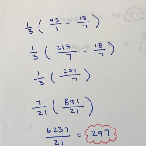Plz  with algebra  1/3 (45- 18/7)  put into simplest form