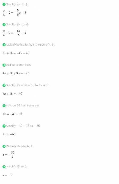 What is the solution to the equation 1/4x+2=-5/8x-5