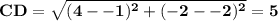 \mathbf{CD = \sqrt{(4 - -1)^2 + (-2 - -2)^2} = 5}