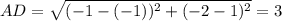 AD=\sqrt{(-1-(-1))^2+(-2-1)^2}=3