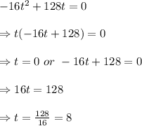 -16t^2+128t=0 \\  \\ \Rightarrow t(-16t+128)=0 \\  \\ \Rightarrow t=0\ or\ -16t+128=0 \\  \\ \Rightarrow16t=128 \\  \\ \Rightarrow t= \frac{128}{16} =8