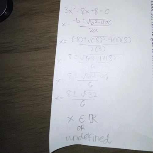 Solve by using the quadratic formula 3x^2-8x+8=0