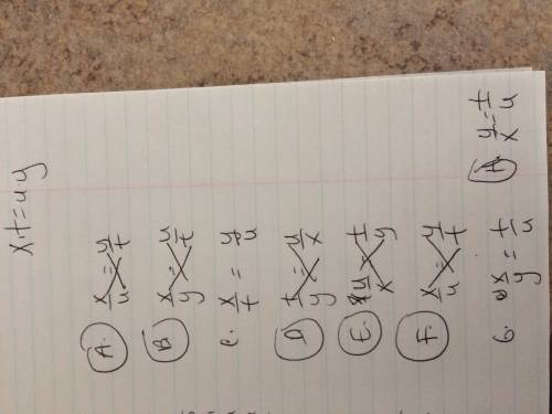 Jen wrote cross-multiplication property for her proportion:  x∙ t=u ∙y which of the following could 