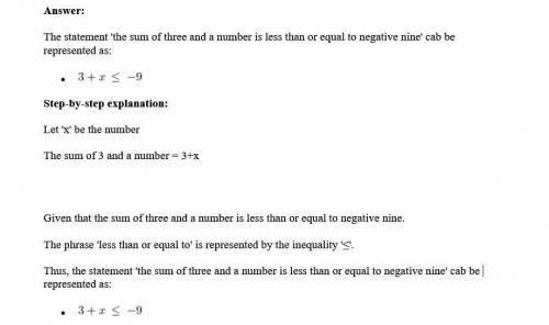 The sum of three and a number is less than or equal to negative nine