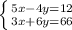 \left \{ {{5x-4y=12} \atop {3x+6y=66}} \right.