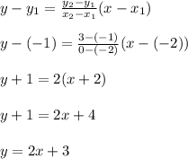 y-y_1=\frac{y_2-y_1}{x_2-x_1} (x-x_1)\\\\y-(-1)= \frac{3-(-1)}{0-(-2)} (x-(-2))\\\\y+1=2(x+2)\\\\y+1=2x+4\\\\y=2x+3