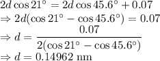 2d\cos21^{\circ}=2d\cos45.6^{\circ}+0.07\\\Rightarrow 2d(\cos21^{\circ}-\cos45.6^{\circ})=0.07\\\Rightarrow d=\dfrac{0.07}{2(\cos21^{\circ}-\cos45.6^{\circ})}\\\Rightarrow d=0.14962\ \text{nm}
