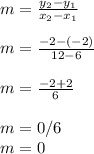 m=\frac{y_2-y_1}{x_2-x_1} \\\\m=\frac{-2-(-2)}{12-6} \\\\m=\frac{-2+2}{6}\\\\m=0/6\\m=0\\