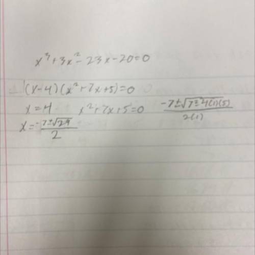 Solve with the steps
x^3 + 3x^2 – 23x – 20 = 0