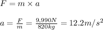 F = m \times a \\\\a = \frac{F}{m} = \frac{9,990N}{820kg} = 12.2m/s^{2}