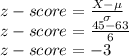 z-score=\frac{X-\mu}{\sigma}\\z-score=\frac{45-63}{6}\\z-score=-3