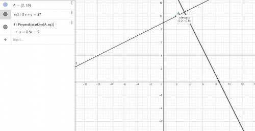 Write an equation of the line passing through the point (2, 10) that is perpendicular to the line 2x