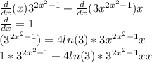 \frac{d}{dx}(x)3^{2x^2-1}+\frac{d}{dx}(3x^{2x^2-1})x\\\frac{d}{dx}=1\\(3^{2x^2-1})=4ln(3)*3x^{2x^2-1}x\\1*3^{2x^2-1}+4ln(3)*3^{2x^2-1}xx