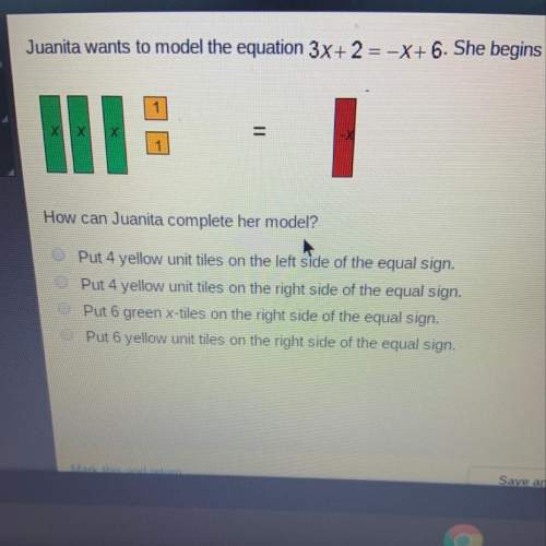 Juanita wants to model the equation 3x+2 = -x+ 6. she begins with the tiles below. how can jua