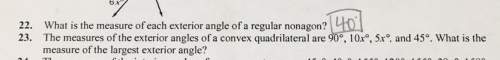 The measures of the exterior angles of a convex quadrilateral are 90°, 10x°, 5x°, and 45. what is th