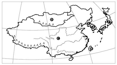 1: which letter indicates the location of china?  a,b,c,d,e ?