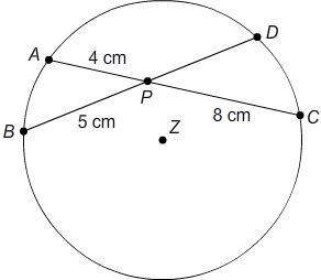 Chord ac intersects chord bd at point p in circle z. ap=4 cm bp=5 cm pc=8 cm