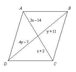 Find values of x and y for which abcd must be a parallelogram. the diagram is not to scale.