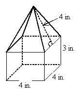 The box shown is a candy container with a square base and a pyramidal top. how many square inches of