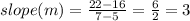 slope (m) = \frac{22 - 16}{7 - 5} = \frac{6}{2} = 3