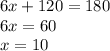 6x+120=180\\6x=60\\x=10