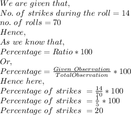 We\ are\ given\ that,\\No.\ of\ strikes\ during\ the\ roll=14\\\Total\ no.\ of\ rolls=70\\Hence,\\As\ we\ know\ that,\\Percentage= Ratio*100\\Or,\\Percentage=\frac{Given\ Observation}{Total Observation}*100\\Hence\ here,\\Percentage\ of\ strikes\ =\frac{14}{70}*100\\ Percentage\ of\ strikes\ =\frac{1}{5}*100\\Percentage\ of\ strikes\ =20