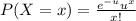 P(X = x) = \frac{e^{-u} u^x}{x!}