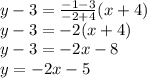 y-3=\frac{-1-3}{-2+4} (x+4)\\y-3=-2(x+4)\\y-3=-2x-8\\y=-2x-5