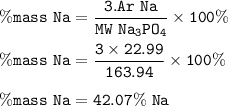 \tt \%mass~Na=\dfrac{3.Ar~Na}{MW~Na_3PO_4}\times 100\%\\\\\%mass~Na=\dfrac{3\times 22.99}{163.94}\times 100\%\\\\\%mass~Na=42.07\%~Na