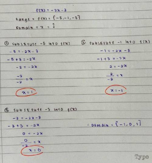 Will give brainliest

Given f(x)=-2x-3 and Range={-5,-1,-3} find Domain
{1,3,5}
{-1,0,1}
{2,3,1}
{0,