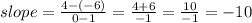 slope = \frac{4-(-6)}{0-1} = \frac{4+6}{-1} = \frac{10}{-1} = -10