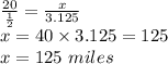 \frac{20}{\frac{1}{2}}=\frac{x}{3.125}\\x=40 \times 3.125=125 \\x=125~miles