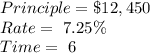 Principle= \$ 12,450\\Rate = \ 7.25 \%\\Time= \ 6
